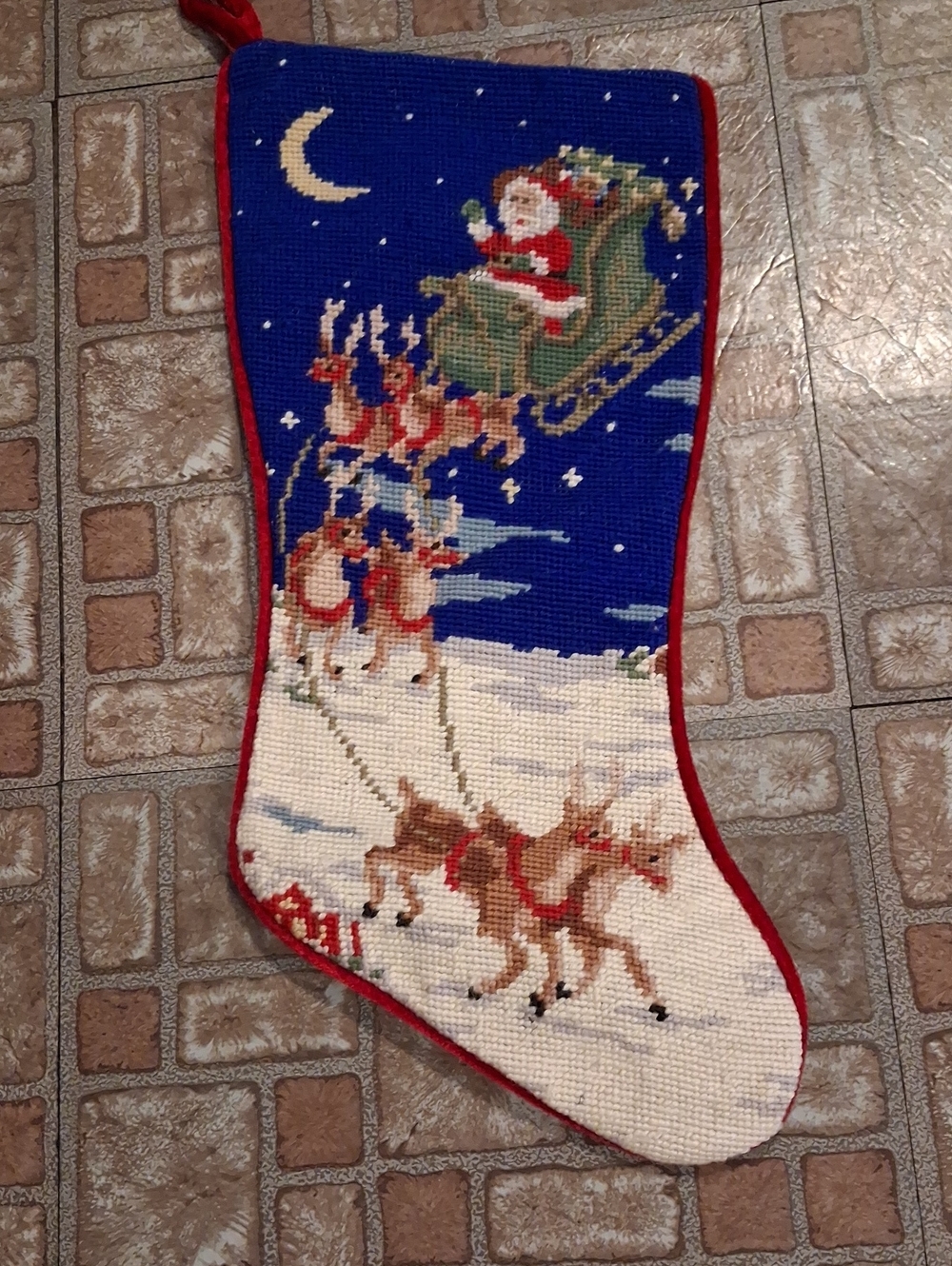 Festive Santa Sleigh Needlepoint Christmas Stocking - Blue & White